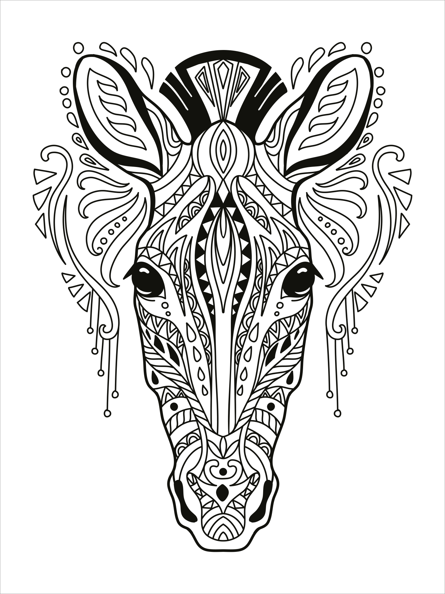 Gezeigt wird eine Innen- oder Zusatzansicht von „Mein Mandala-Tier-Malbuch – Wilde Tiere“. Die Abbildung zeigt das kunstvoll gestaltete Gesicht eines Zebras, umgeben von filigranen, symmetrischen Mustern und Ornamenten. Die Linienführung ist klar und kontrastreich, mit einem Schwerpunkt auf detaillierten Motiven, die zur Farbgestaltung anregen. Der Hintergrund ist weiß, was die schwarzen Linien der Zeichnung hervorhebt und eine einladende Malvorlage bietet.