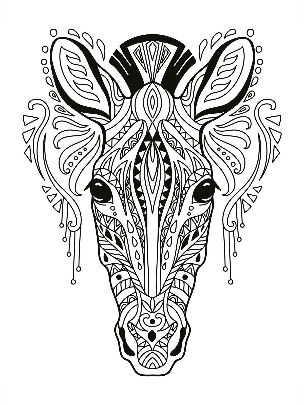 Gezeigt wird eine Innen- oder Zusatzansicht von „Mein Mandala-Tier-Malbuch – Wilde Tiere“. Die Abbildung zeigt das kunstvoll gestaltete Gesicht eines Zebras, umgeben von filigranen, symmetrischen Mustern und Ornamenten. Die Linienführung ist klar und kontrastreich, mit einem Schwerpunkt auf detaillierten Motiven, die zur Farbgestaltung anregen. Der Hintergrund ist weiß, was die schwarzen Linien der Zeichnung hervorhebt und eine einladende Malvorlage bietet.