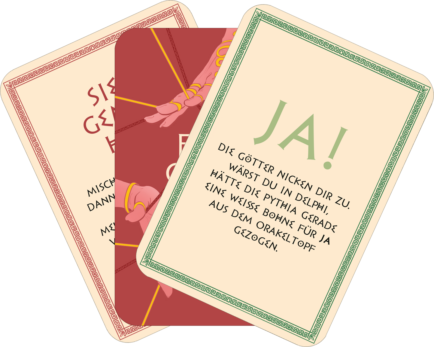 Gezeigt wird eine Innen- oder Zusatzansicht von „Frag die Götter“. Auf der Karte in der Mitte steht „JA!“ in grüner, verspielter Typografie auf hellem Hintergrund. Die anderen Karten zeigen Rottöne mit goldener Akzentuierung und einer eleganten, klassischen Schrift. Alle Karten sind mit einem dekorativen, grünen Rahmen verziert. Die Illustrationen und Farben vermitteln eine mystische Stimmung, die das Orakel-Thema unterstreicht.