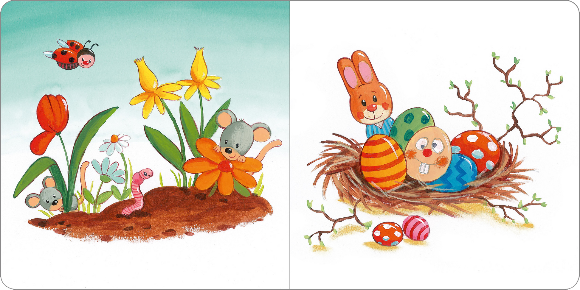 Gezeigt wird eine Innen- oder Zusatzansicht von „Mein kleines Buch vom Frühling“. Auf der linken Seite sind bunte Blumen, darunter eine orangefarbene Blume mit einem lachenden Maulwurf und anderen Tieren wie einem Käfer und einem Wurm, vor einem hellblauen Hintergrund dargestellt. Die rechte Seite zeigt ein Nest mit bemalten Eiern und freundlichen Hasenfiguren. Die Illustrationen sind in lebhaften Farben gehalten, mit einer verspielten und kindgerechten Typografie.