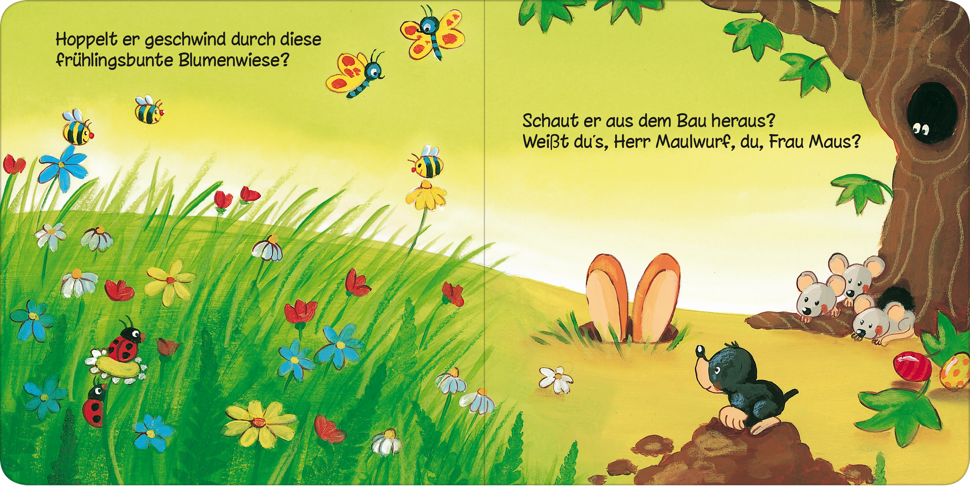 Gezeigt wird eine Innen- oder Zusatzansicht von „Wo bist du, kleiner Osterhase?“. Die Seite zeigt eine fröhliche Frühlingslandschaft mit bunten Blumen in Gelb, Rot und Blau. Im Vordergrund springt ein Hase mit langen Ohren über eine Wiese, während Bienen und Käfer umherfliegen. Auf der rechten Seite sind eine Maus und ein Maulwurf zu sehen, die neugierig aus einem Bau schauen. Der Text ist in kindlicher Schrift, der eine einladende und spielerische Atmosphäre schafft.