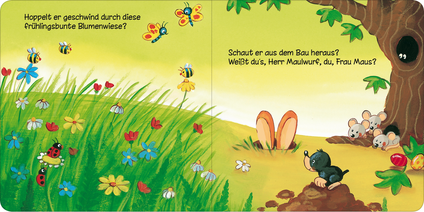Gezeigt wird eine Innen- oder Zusatzansicht von „Wo bist du, kleiner Osterhase?“. Die Seite zeigt eine fröhliche Frühlingslandschaft mit bunten Blumen in Gelb, Rot und Blau. Im Vordergrund springt ein Hase mit langen Ohren über eine Wiese, während Bienen und Käfer umherfliegen. Auf der rechten Seite sind eine Maus und ein Maulwurf zu sehen, die neugierig aus einem Bau schauen. Der Text ist in kindlicher Schrift, der eine einladende und spielerische Atmosphäre schafft.