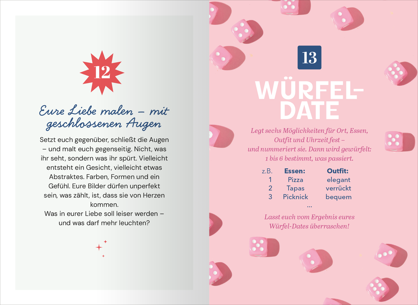 Gezeigt wird eine Innen- oder Zusatzansicht von „Ein Hoch auf uns und die Liebe“. Auf der linken Seite ist ein Textfeld mit der Nummer 12, umrahmt von einer stilisierten roten Sonne. Der Text in blauer Schrift beschreibt eine kreative Übung zur Darstellung der Liebe. Die rechte Seite zeigt die Nummer 13 in auffälliger, weißer Typografie auf rosa Hintergrund mit pinken Würfeln. Der Text erklärt das „Würfeldate“ mit verschiedenen Optionen für Aktivitäten, die nummeriert sind.