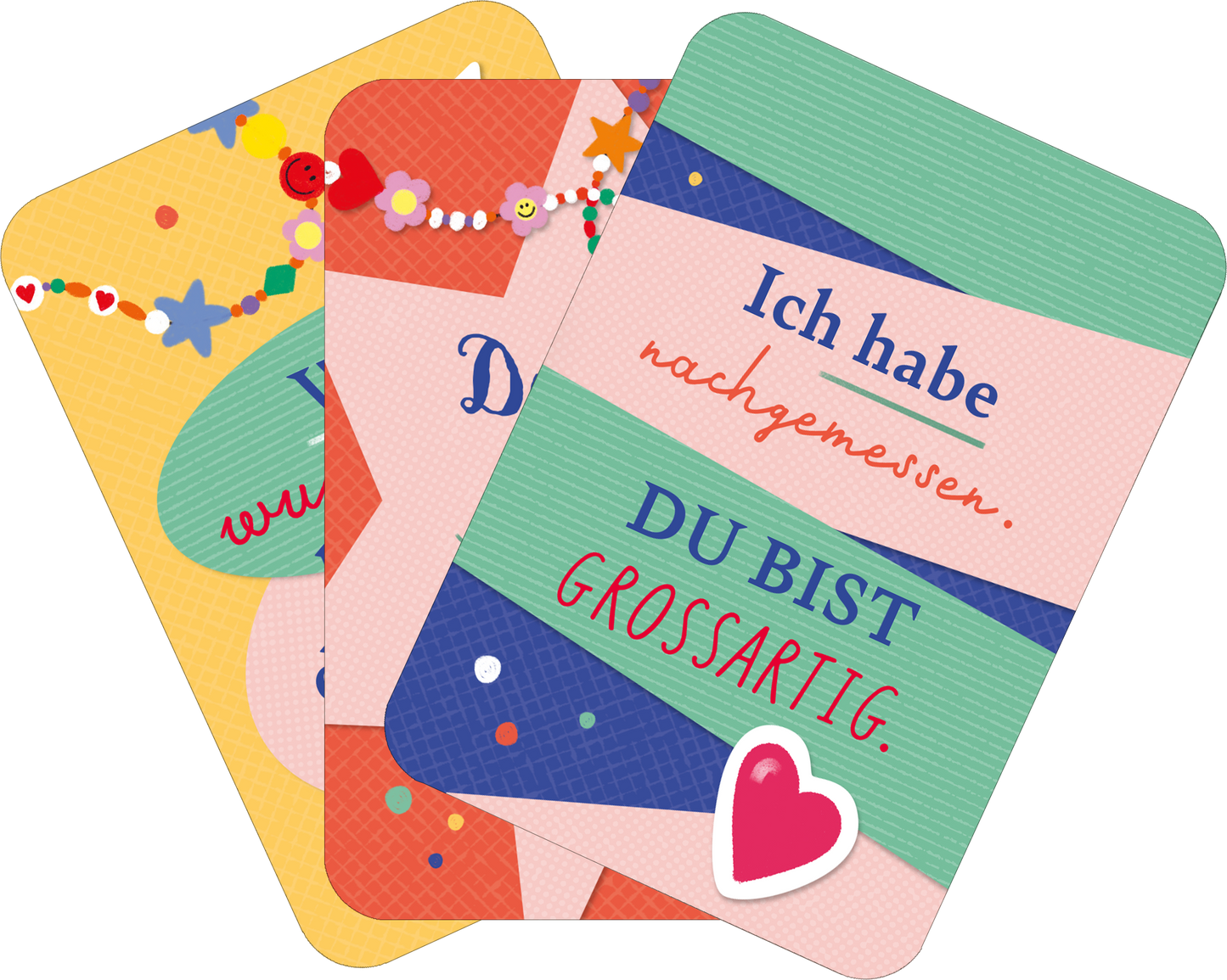 Gezeigt wird eine Innen- oder Zusatzansicht von „Voll schön, dass es dich gibt“. Auf den handlichen Karten sind fröhliche Farben wie Gelb, Türkis und Rosa zu sehen. Die verschiedenen Karten zeigen verspielte Schriften; eine Karte hat die Aufschrift „Ich habe nachgemessen“ in blauer Typografie, während eine andere „DU BIST GROSSARTIG“ in auffälliger Schrift präsentiert. Dekorative Elemente, wie bunte Punkte und Herzen, unterstreichen die positive Botschaft.