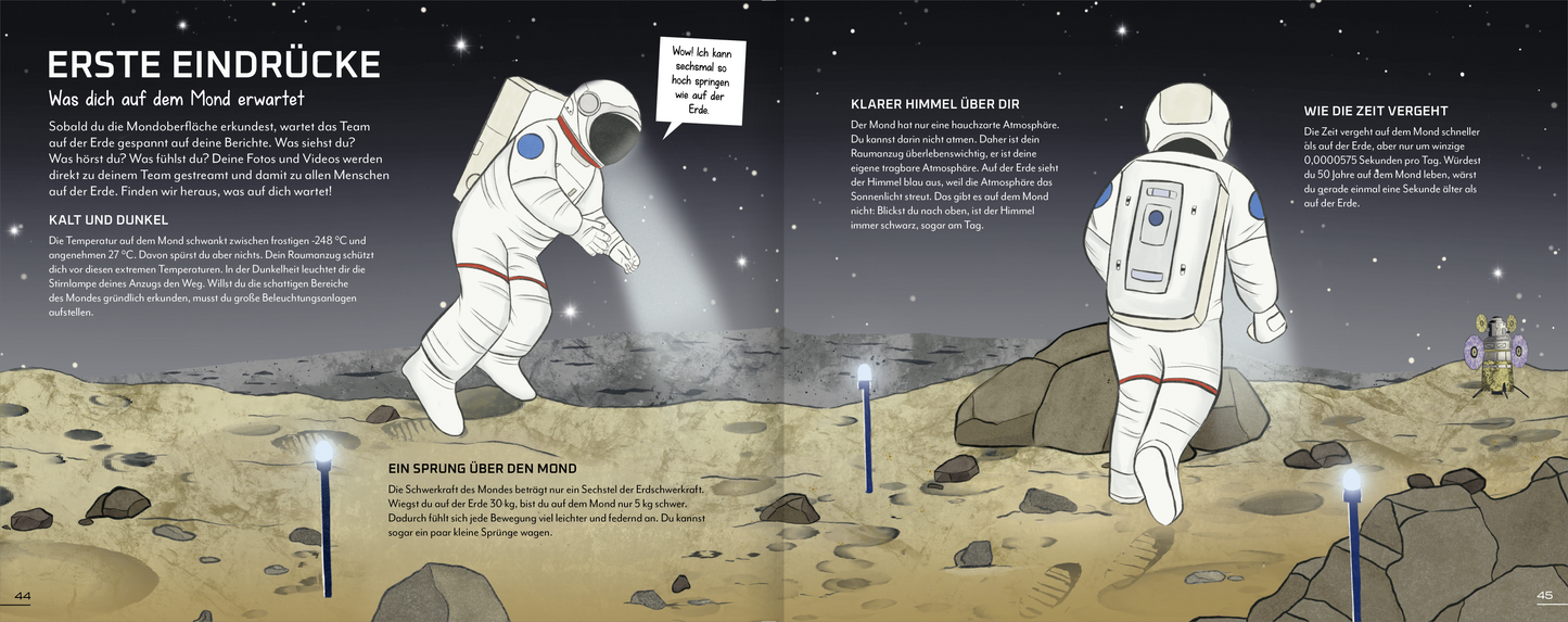 Gezeigt wird eine Innen- oder Zusatzansicht von „Science & Kids – Reise zur dunklen Seite des Mondes“. Die Doppelseite illustriert eine Mondlandschaft mit einem Astronauten in einem weißen Raumanzug, der auf der grauen, steinigen Oberfläche steht. Der Hintergrund ist dunkelblau mit vielen kleinen weißen Punkten, die Sterne darstellen. Auf der linken Seite sind große, schwarze Schriftzüge mit Informationen über den Mond zu lesen. Die Farbgestaltung ist insgesamt düster, wobei...