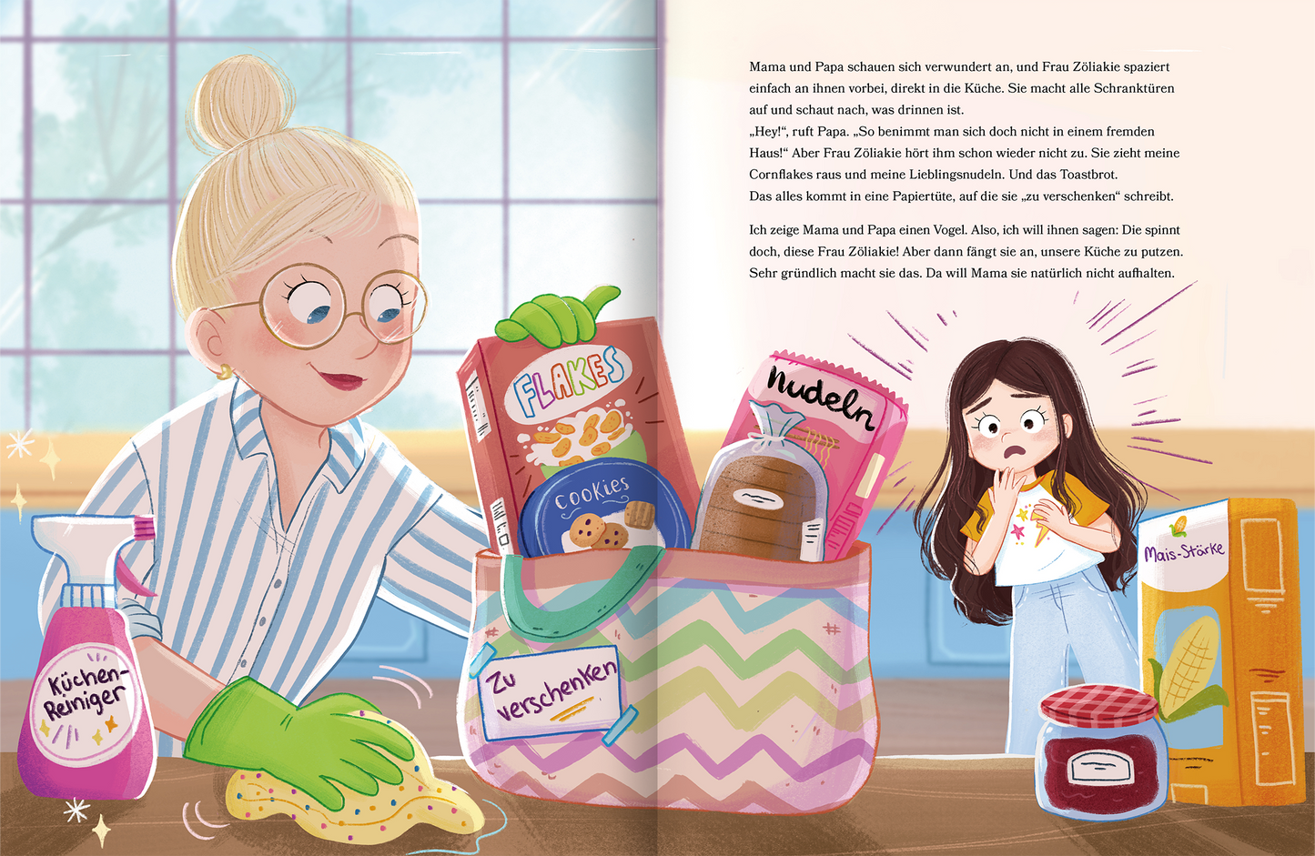 Gezeigt wird eine Innen- oder Zusatzansicht von „Der unerwünschte Gast“. Die Abbildung zeigt zwei weibliche Figuren in einer Küche. Eine der Damen mit blonden Haaren und einer Hochsteckfrisur trägt eine gestreifte Bluse und grüne Handschuhe, während sie eine bunte Kiste mit Lebensmitteln durchstöbert. Die andere Figur mit langen braunen Haaren zeigt einen überraschten Ausdruck. Im Vordergrund sind verschiedene Verpackungen sichtbar, darunter „Flakes“, „Nudeln“ und ein Glas...