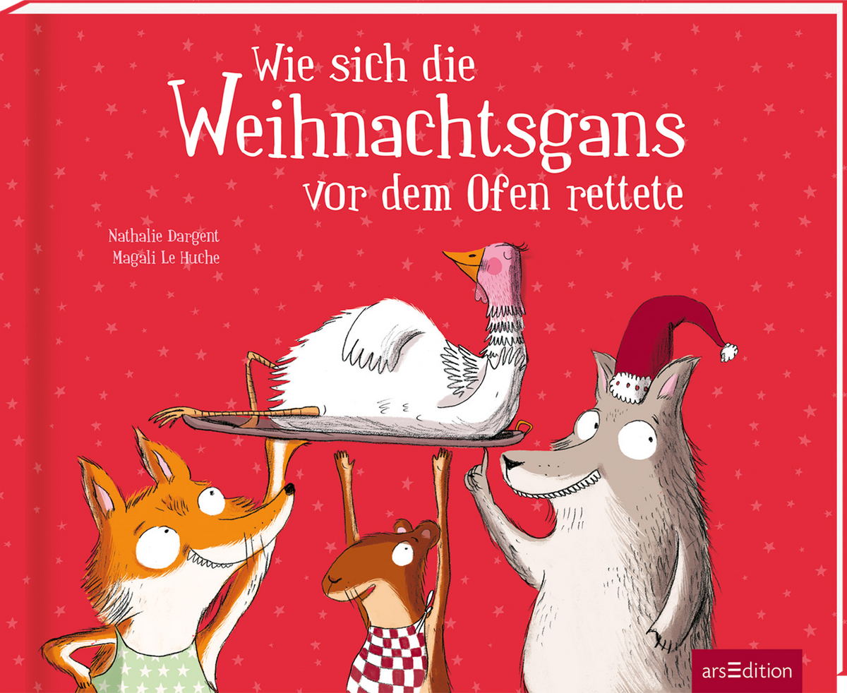 Das Buchcover zeigt eine weihnachtliche Szene mit einem roten Hintergrund, auf dem viele kleine Sterne abgebildet sind. Im Mittelpunkt steht eine Gans, die auf einem Serviertablett liegt, während dieses von einem Fuchs, einem Wiesel und einem Wolf mit Weihnachtsmütze getragen wird. Der Titel „Wie sich die Weihnachtsgans vor dem Ofen rettete“ ist in großen, weißen Buchstaben über dem Bild platziert. Links unter dem Titel befinden sich die Namen der Urheberinnen Nathalie Dargent und...