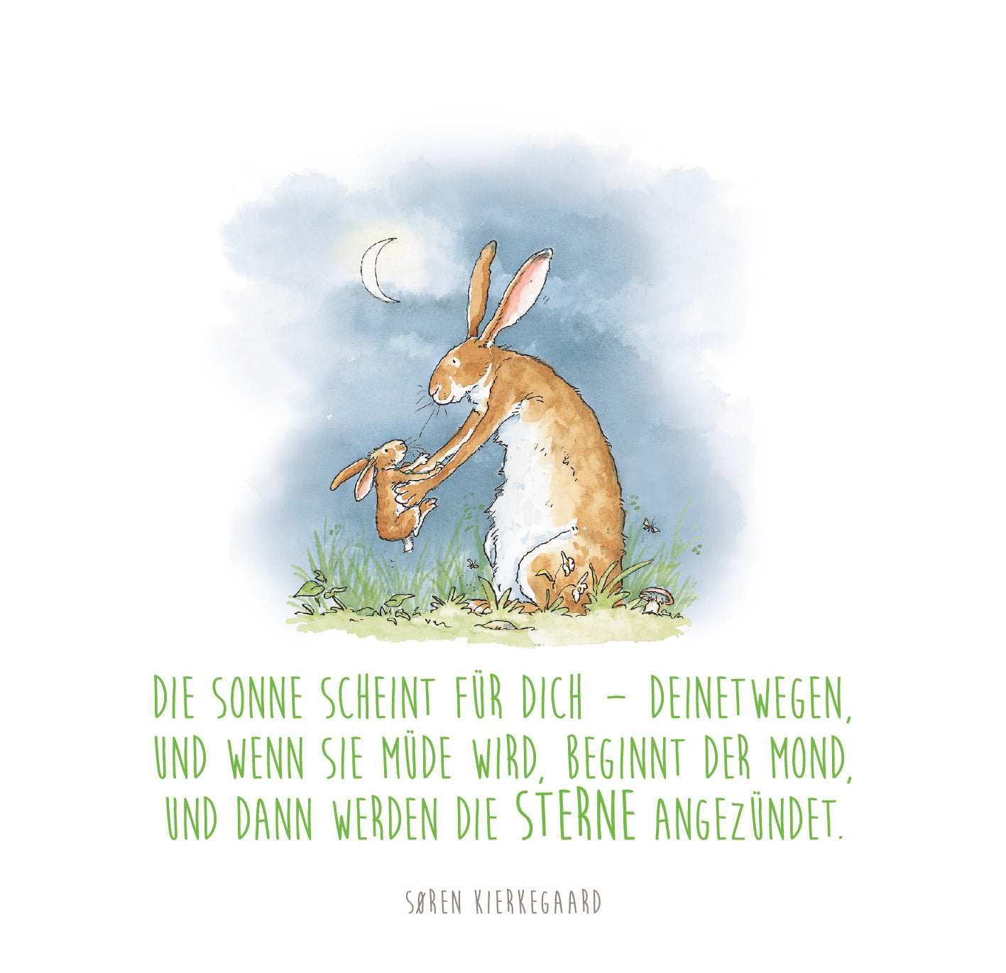 Gezeigt wird eine Innen- oder Zusatzansicht von „Weißt du eigentlich, wie lieb ich dich hab?“. Die Illustration zeigt einen großen, braunen Hasen, der liebevoll einen kleinen Hasen umarmt. Der Hintergrund ist in sanften Blau- und Grüntönen gehalten, mit einem Halbmond und einer Wiese. Der Text darunter lautet: „Die Sonne scheint für dich – deinetwegen…“, in einer verspielten, grünen Schriftart, die gut lesbar ist.