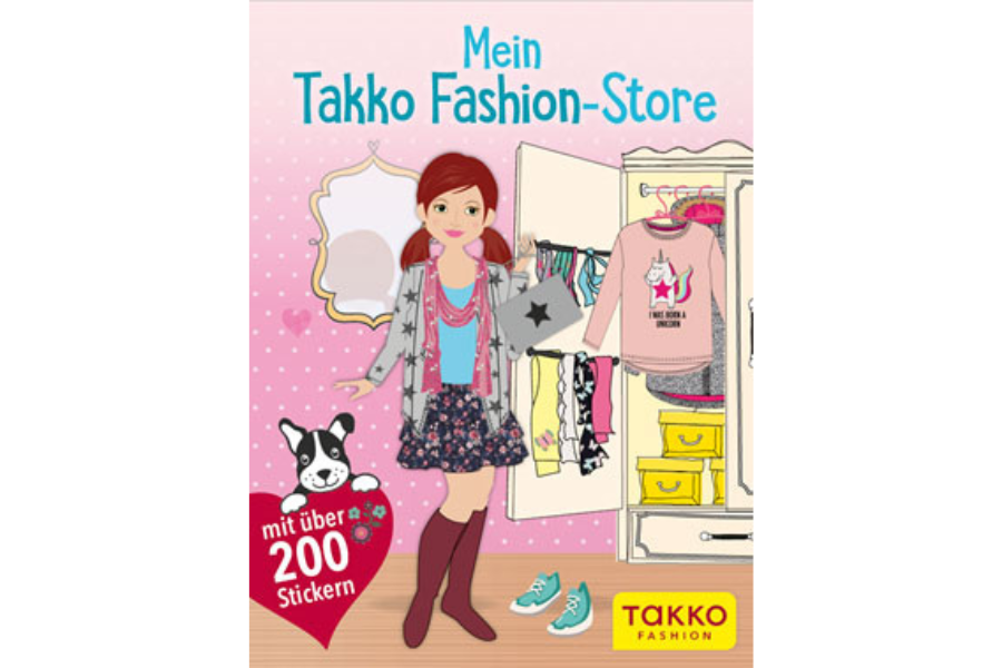 Kinderbuchcover mit pinkem Hintergrund und dem Titel „Mein Takko Fashion-Store“. Eine Illustration zeigt ein Mädchen mit modischer Kleidung vor einem offenen Kleiderschrank. Ein kleiner Hund ist auf der linken unteren Ecke abgebildet, daneben der Text „mit über 200 Stickern“.