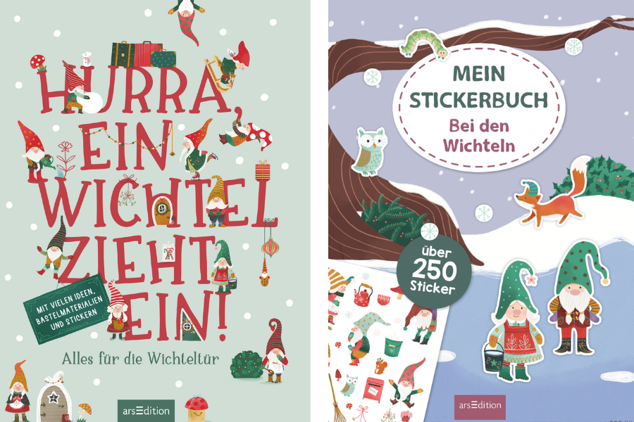Zwei Buchcover nebeneinander. Links das Cover von 'Hurra, ein Wichtel zieht ein!' in einem verspielten Design mit vielen kleinen Wichteln, Geschenken und winterlichen Motiven auf mintgrünem Hintergrund. Der Untertitel verspricht 'Mit vielen Ideen, Bastelmaterialien und Stickern – Alles für die Wichteltür'. Rechts das Cover von 'Mein Stickerbuch – Bei den Wichteln', gestaltet mit einer winterlichen Landschaft, einem Baum und Wichteln. Es enthält 'über 250 Sticker' und richtet sich an Kinder.