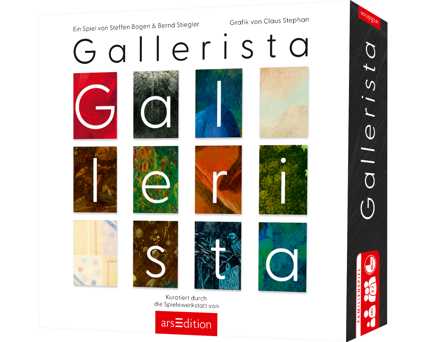 Die Verpackung des Familienspiels „Gallerista“ zeigt eine stilvolle Anordnung von Kunstwerken in verschiedenen Farben und Stilen, mit weißen Buchstaben, die den Titel „Gallerista“ bilden. Das Spiel wurde von Steffen Bogen und Bernd Stiegler entwickelt, mit Grafik von Claus Stephan. Es gehört zur arsEdition und entführt die Spieler in die Welt der Kunst, Kuratierung und Galeriearbeit.