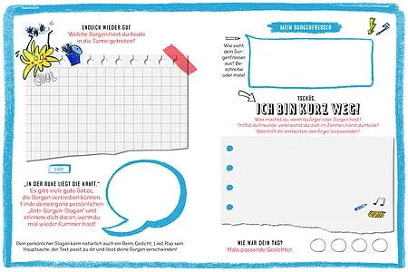 Farbenfrohes interaktives Arbeitsblatt mit Feldern zum Notieren und Verarbeiten von Sorgen, kreativen Aufgaben und handgezeichneten Elementen wie Pfeilen und Symbolen.