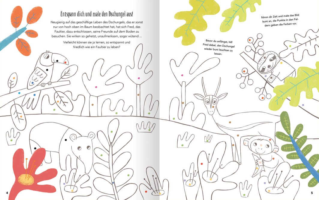 Ausmalbild eines Dschungels mit Tieren wie Papagei, Faultier und Affe, umgeben von Pflanzen, mit farbigen Punkten als Malvorlage.