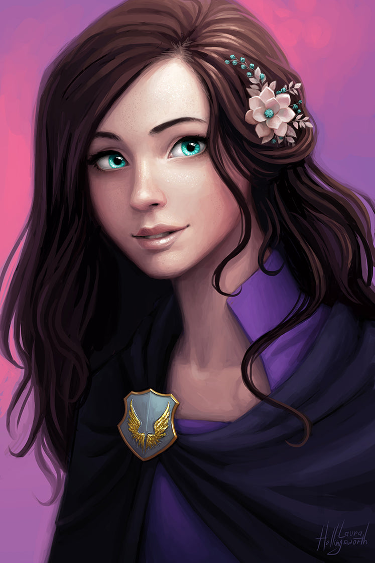 Illustration eines Charakters mit welligem, braunem Haar, das mit einer Haarspange aus Blumen und Perlen geschmückt ist. Der Charakter trägt ein violettes Gewand mit einem dunklen Umhang. Ein schildförmiges Abzeichen mit goldenen Flügeln ist am Umhang befestigt. Der Hintergrund zeigt einen Farbverlauf in Rosa- und Lilatönen.