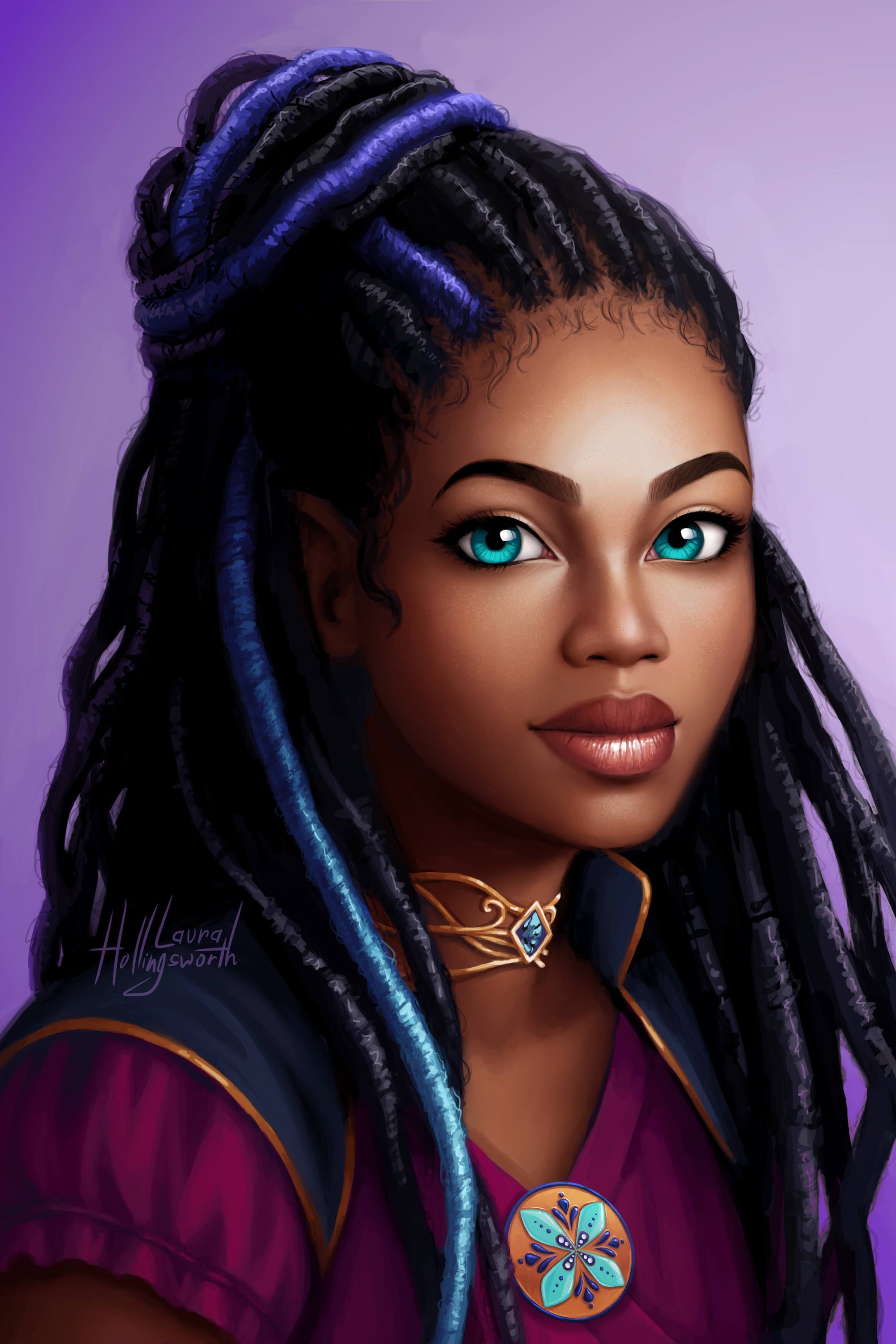 Illustration eines Charakters mit dunklen Dreadlocks, die teilweise mit blauen Akzenten versehen sind. Der Charakter trägt ein violettfarbenes Gewand mit goldenen Details und eine Halskette mit einem blauen Edelstein. Ein rundes, farbenfrohes Abzeichen mit einem blumenartigen Muster ist an der Kleidung befestigt. Der Hintergrund zeigt einen Farbverlauf in zarten Lilatönen.