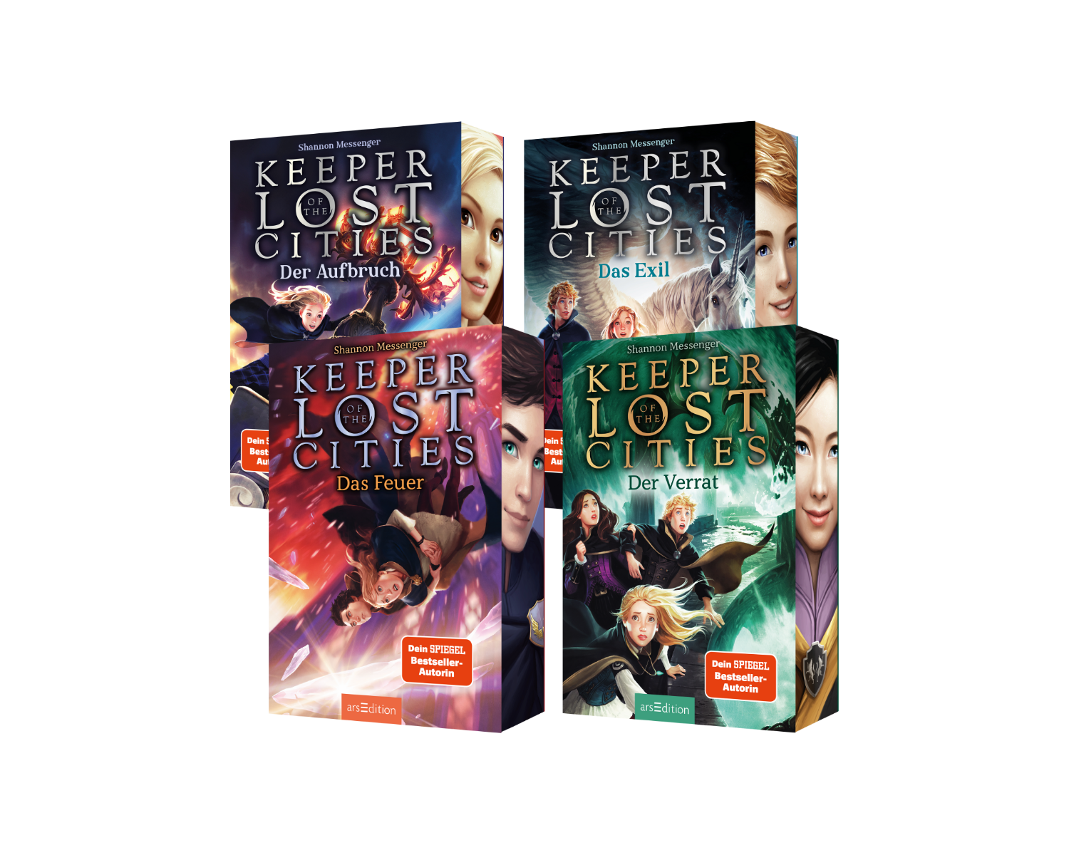 Vier Buchcover der Fantasy-Reihe „Keeper of the Lost Cities“ von Shannon Messenger, mit den Titeln „Der Aufbruch“, „Das Exil“, „Das Feuer“ und „Der Verrat“. Jedes Cover zeigt farbenfrohe, dynamische Illustrationen mit Figuren und fantastischen Elementen. Auf allen Covern ist der Hinweis „Dein SPIEGEL Bestseller-Autorin“ abgebildet.