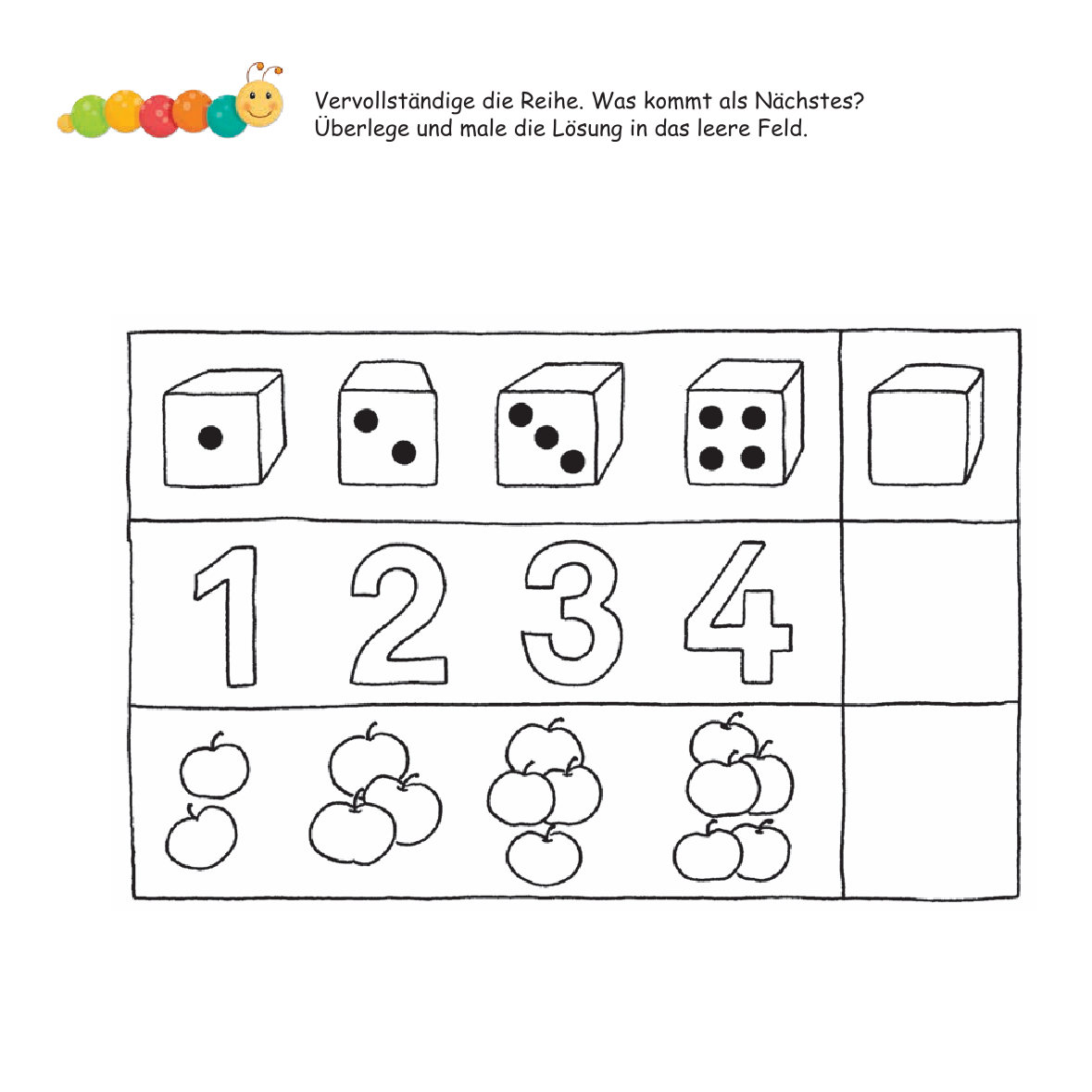 Arbeitsblatt mit einer Aufgabe zur Reihenfortsetzung: Würfelaugen, Zahlen und Äpfel in den Reihen 1 bis 4, jeweils mit einem leeren Feld zum Vervollständigen. Text: 'Vervollständige die Reihe. Was kommt als Nächstes?'