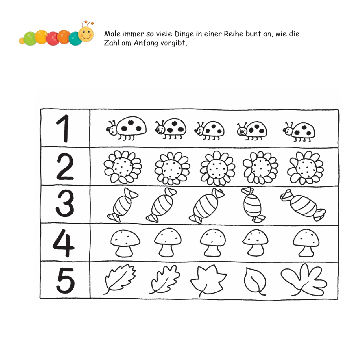 Eine Arbeitsanweisung für Kinder zeigt fünf Reihen mit unterschiedlichen Objekten (Marienkäfer, Blumen, Bonbons, Pilze und Blätter). Jede Reihe ist mit einer Zahl von 1 bis 5 beschriftet, und die Aufgabe besteht darin, so viele Objekte in jeder Reihe bunt auszumalen, wie die vorgegebene Zahl angibt