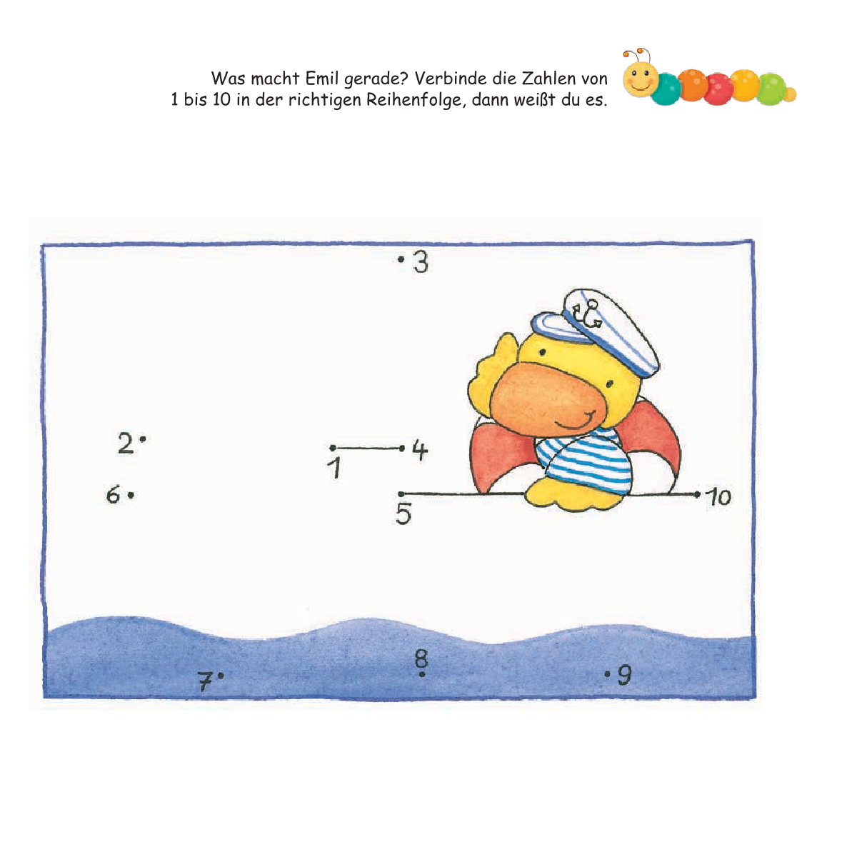 Eine Illustration zeigt Emil, eine gelbe Ente mit Seemannsmütze und gestreiftem Shirt, der in einem Schwimmring auf dem Wasser treibt. Kinder werden dazu aufgefordert, die Zahlen von 1 bis 10 in der richtigen Reihenfolge zu verbinden, um das vollständige Bild zu erkennen. Im unteren Bereich des Bildes ist eine Wasserlinie angedeutet.