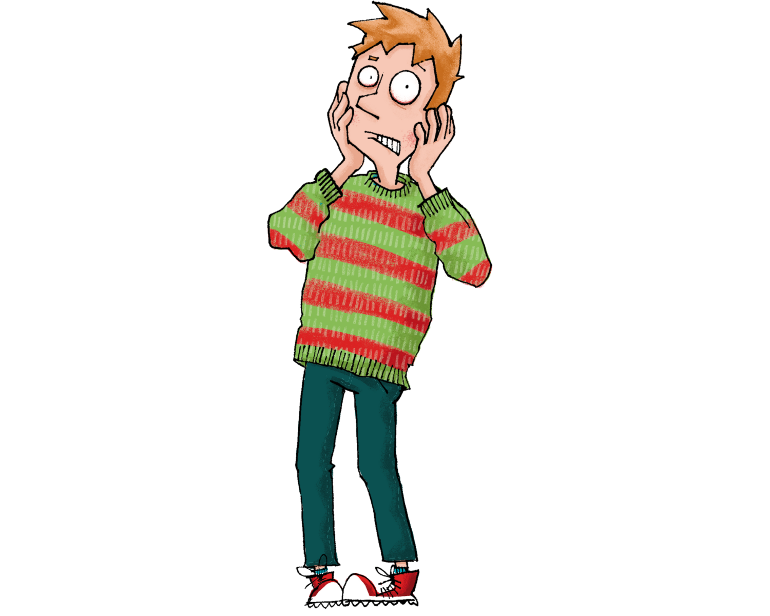 Eine farbige Zeichnung eines Jungen mit entsetzten Gesichtsausdruck. Er trägt einen grün-rot gestreiften Pullover, dunkelblaue Hosen und rote Turnschuhe. Seine Hände liegen an den Wangen, als wäre er schockiert.