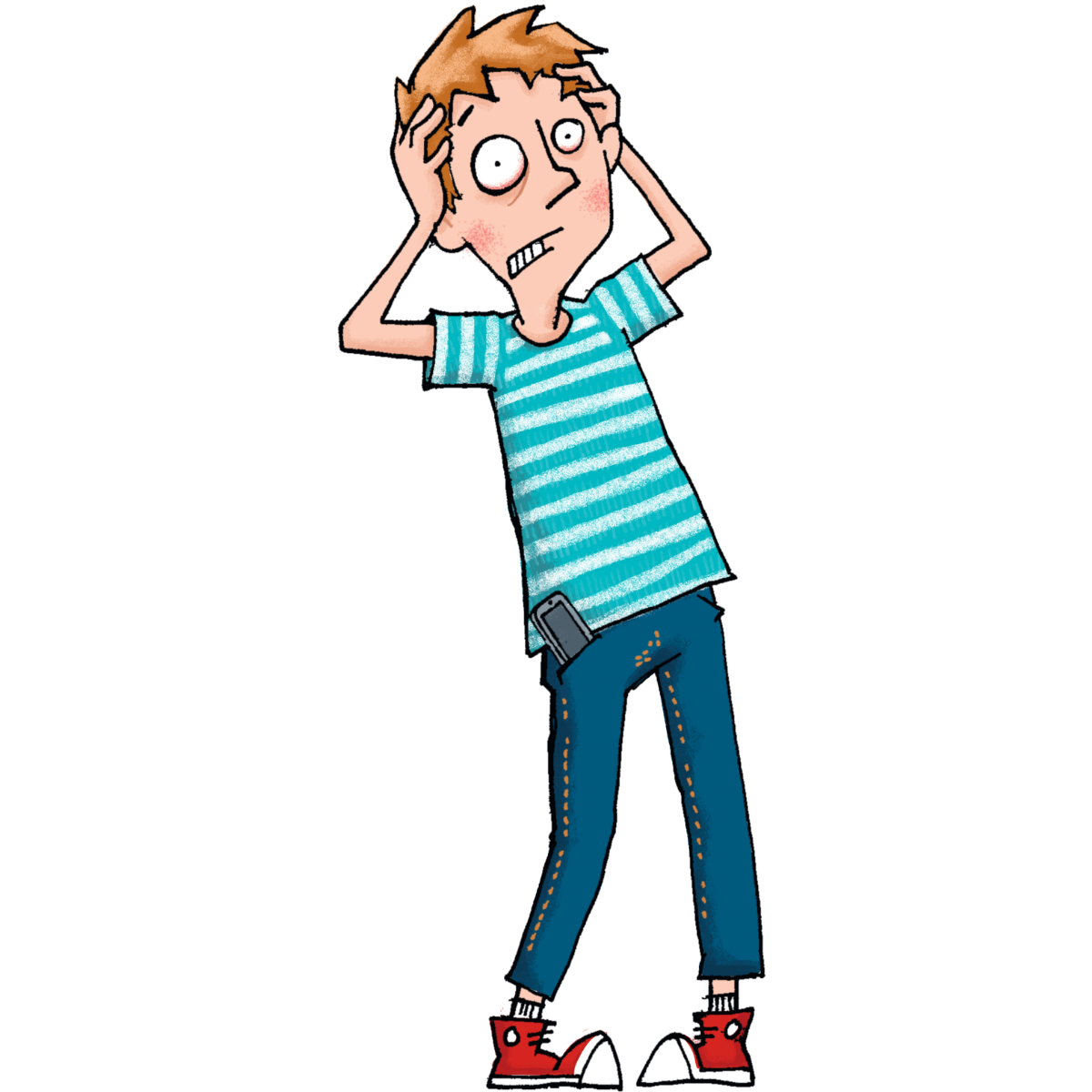 Eine farbige Zeichnung eines Jungen mit einem schockierten Gesichtsausdruck. Er trägt ein türkis-weiß gestreiftes T-Shirt, blaue Jeans mit einem Handy in der Hosentasche und rote Turnschuhe. Seine Hände sind an den Kopf gelegt, als wäre er verzweifelt.