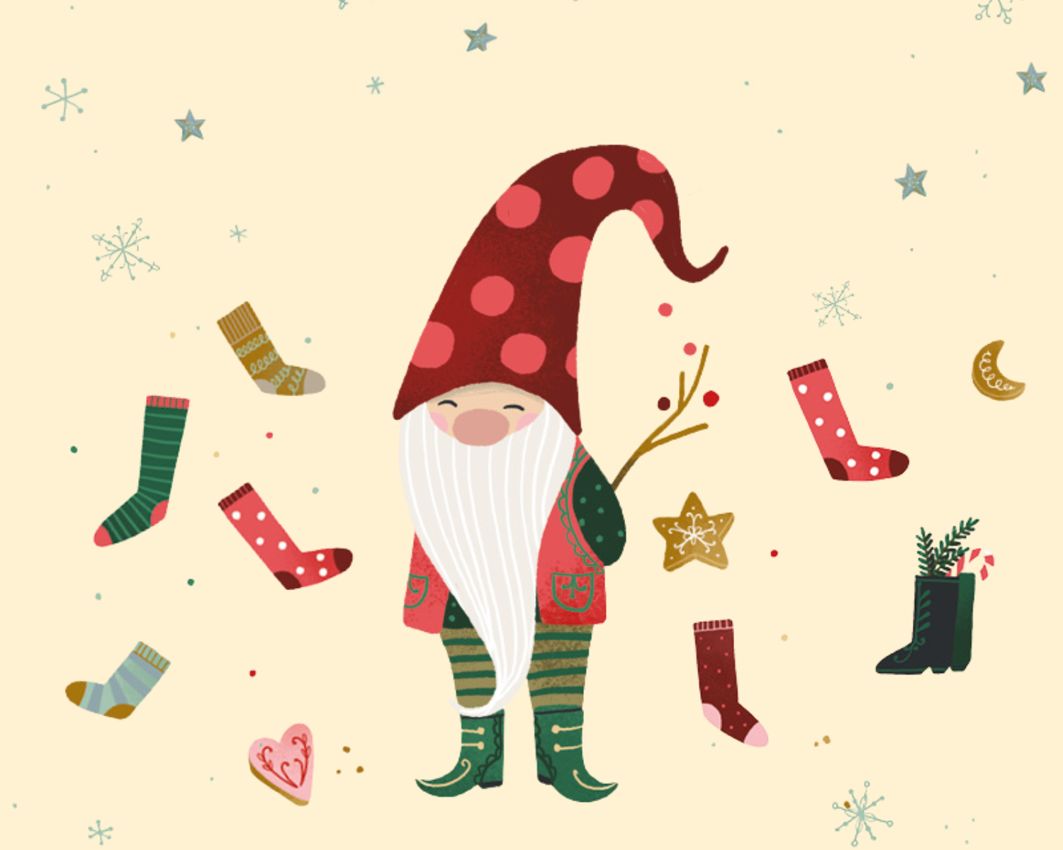 Illustration eines lachenden Wichtels mit langem weißen Bart, rotem Mantel und gepunkteter Zipfelmütze. Er hält einen Zweig mit roten Beeren und steht umgeben von bunten Socken, einem schwarzen Stiefel mit Zweig und Zuckerstange, einem Lebkuchenherz und einem Sternkeks. Im Hintergrund sind Sterne, Schneeflocken und ein gelber Mond vor einem beige-farbenen Himmel.