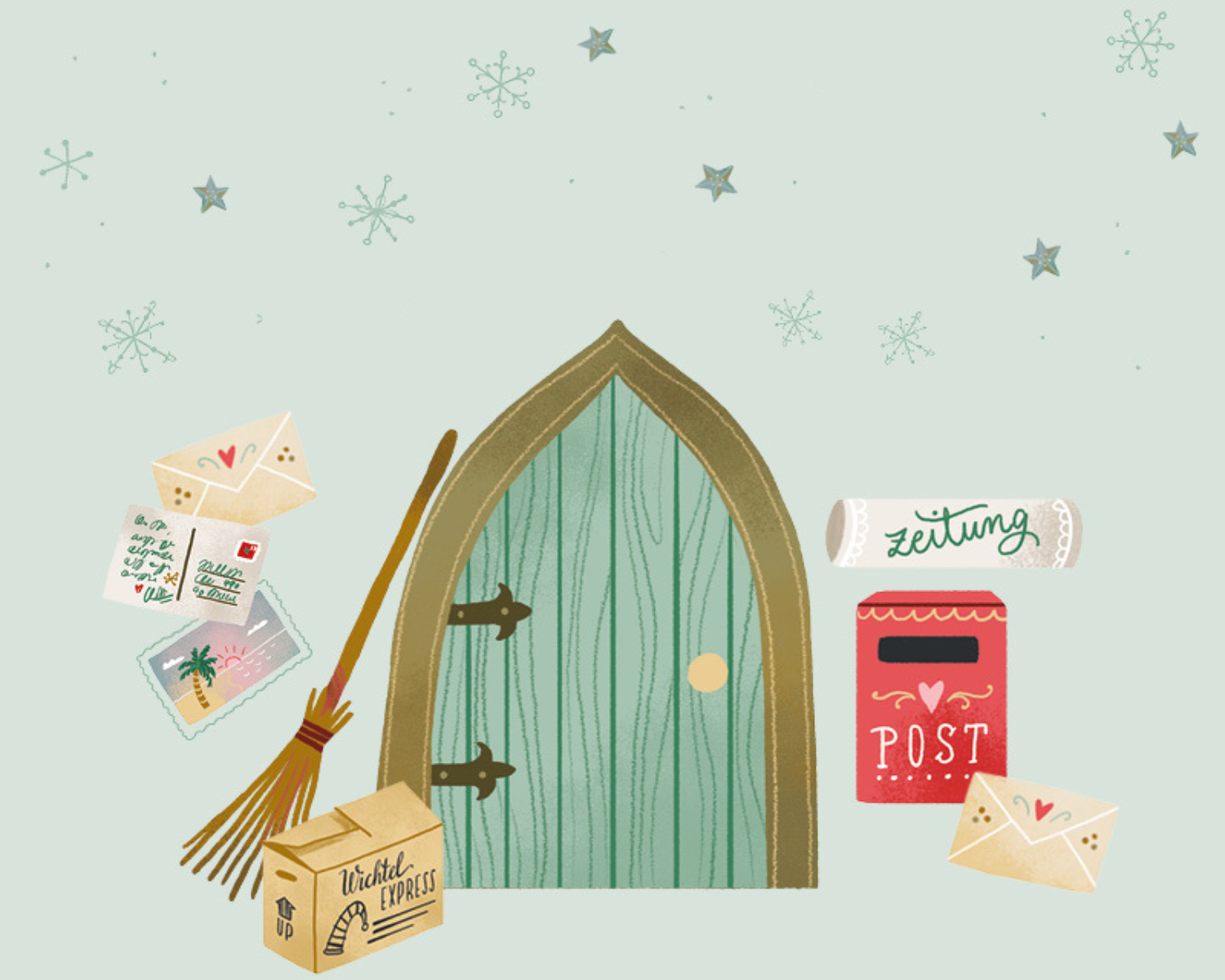 Illustration einer grünen Holztür mit goldener Klinke, umgeben von Briefen, einem roten Briefkasten mit der Aufschrift 'Post', einer zusammengerollten Zeitung, einem Paket mit der Aufschrift 'Wichtel Express' und einem Besen. Im Hintergrund sind Schneeflocken und Sterne vor einem hellgrünen Himmel zu sehen.