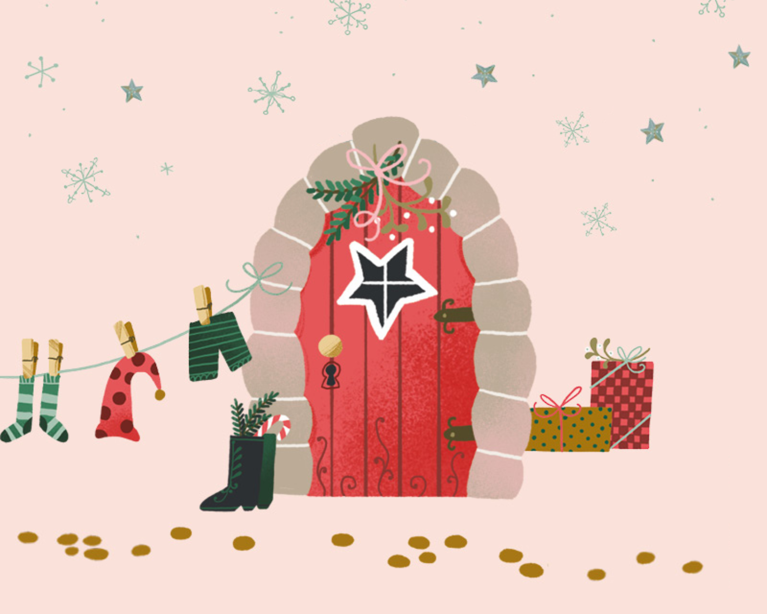 Illustration einer roten Tür mit sternförmigem Fenster, umgeben von einem gemauerten Bogen. Vor der Tür stehen ein schwarzer Stiefel mit einem Zweig und einer Zuckerstange sowie goldene Münzen. Rechts neben der Tür liegen eingepackte Geschenke, und links hängt eine Wäscheleine mit Socken, einem Pullover und einer Zipfelmütze. Im Hintergrund sind Schneeflocken und Sterne vor einem rosa Himmel zu sehen.