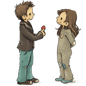 Illustration eines Jungen mit braunen, zerzausten Haaren, der eine zerfetzte Jeans und eine schwarze Jacke trägt. Er hält ein rotes Gitarrenplättchen in der Hand und reicht sie einem Mädchen (Anouk) mit langen braunen Haaren, das einen grauen Schlafanzug mit Herzmotiv und Flicken trägt. Beide stehen sich gegenüber und lächeln einander an.