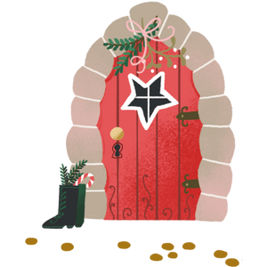 Illustration einer roten Tür mit einem sternförmigen Fenster und einem Türklopfer, umrahmt von einer steinernen Fassade. Über der Tür hängt ein weihnachtlicher Zweig mit einer Schleife. Neben der Tür steht ein grüner Stiefel, gefüllt mit einem Tannenzweig und einer Zuckerstange. Auf dem Boden liegen goldene Münzen verstreut. Die Szene wirkt weihnachtlich und einladend.