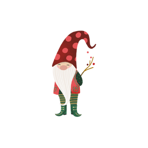 Illustration eines Wichtels mit langem weißen Bart, roter Zipfelmütze mit Punkten und gestreifter Kleidung in Grün- und Rottönen. Der Wichtel hält einen kleinen Zweig mit Beeren und lächelt. Transparentem Hintergrund.