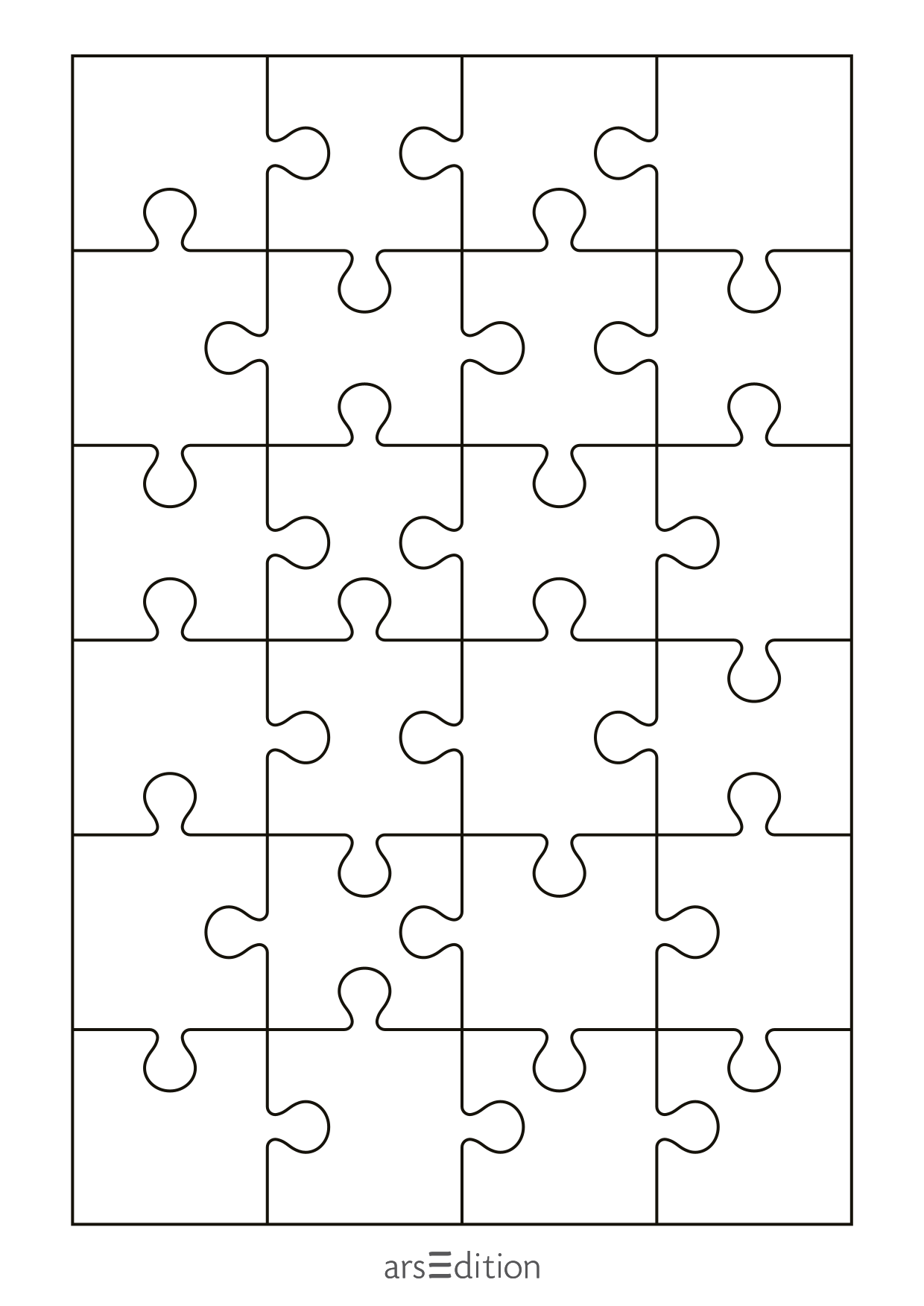 Schwarz-weiße Illustration eines rechteckigen Puzzles mit 24 Teilen, die alle miteinander verbunden sind. Unterhalb des Puzzles steht der Schriftzug 'arsEdition'.