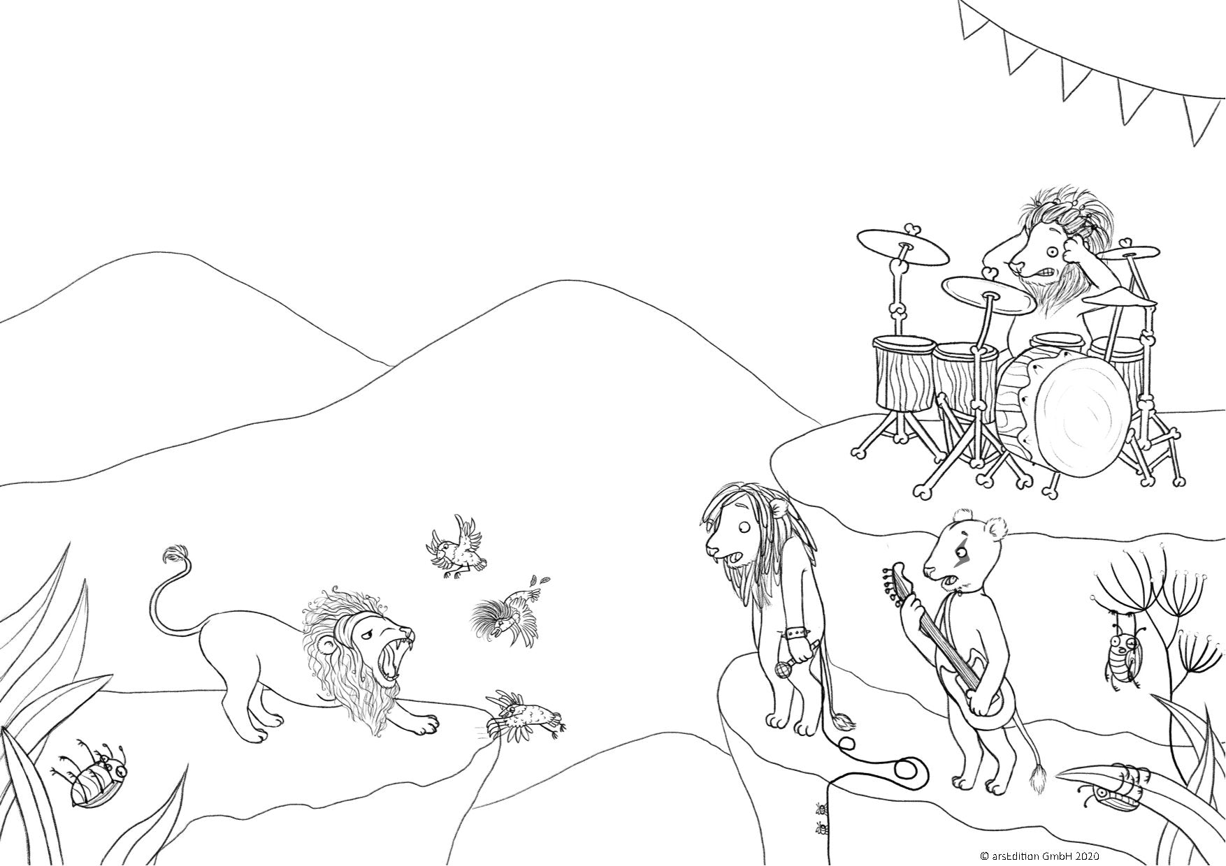 Schwarz-weiß-Illustration: Ein dreibeiniger Löwe schreit laut, während die restliche Löwenband auf der Bühne peinlich berührt reagiert. Im Vordergrund weicht ein Vogel entsetzt zurück.