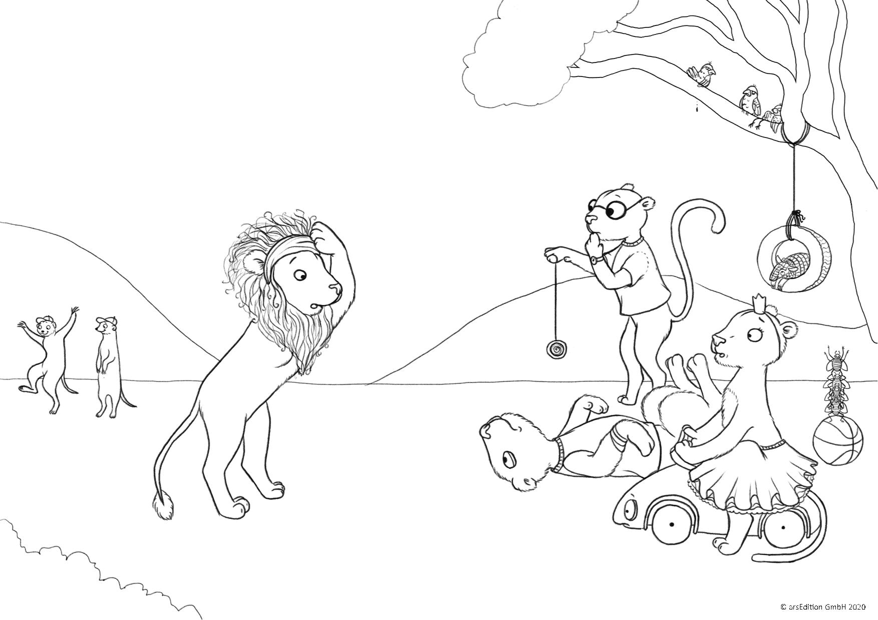 Schwarz-weiß-Illustration: Ein Löwe steht verzweifelt mit der Pfote am Kopf. Rechts spielt ein Tier im Tutu auf einem kleinen Auto, daneben jongliert ein anderes Tier mit einem Yo-Yo.