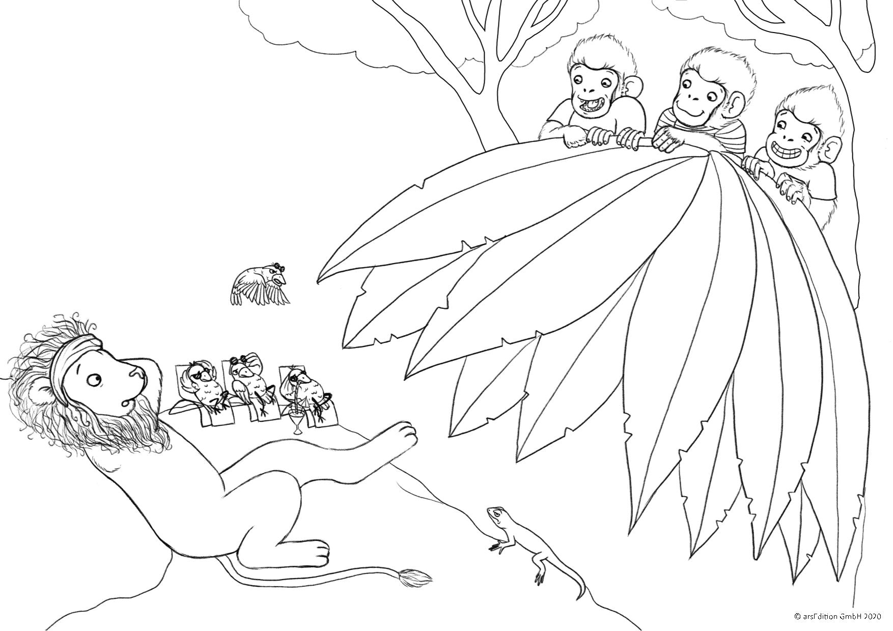 Schwarz-weiß-Illustration: Ein Löwe mit Stirnband sitzt erschrocken auf dem Boden, während drei Affen hinter einem großen Blatt hervorschauen. Im Hintergrund beobachten Vögel das Geschehen. Unten rechts sitzt eine Eidechse auf einem Felsen.