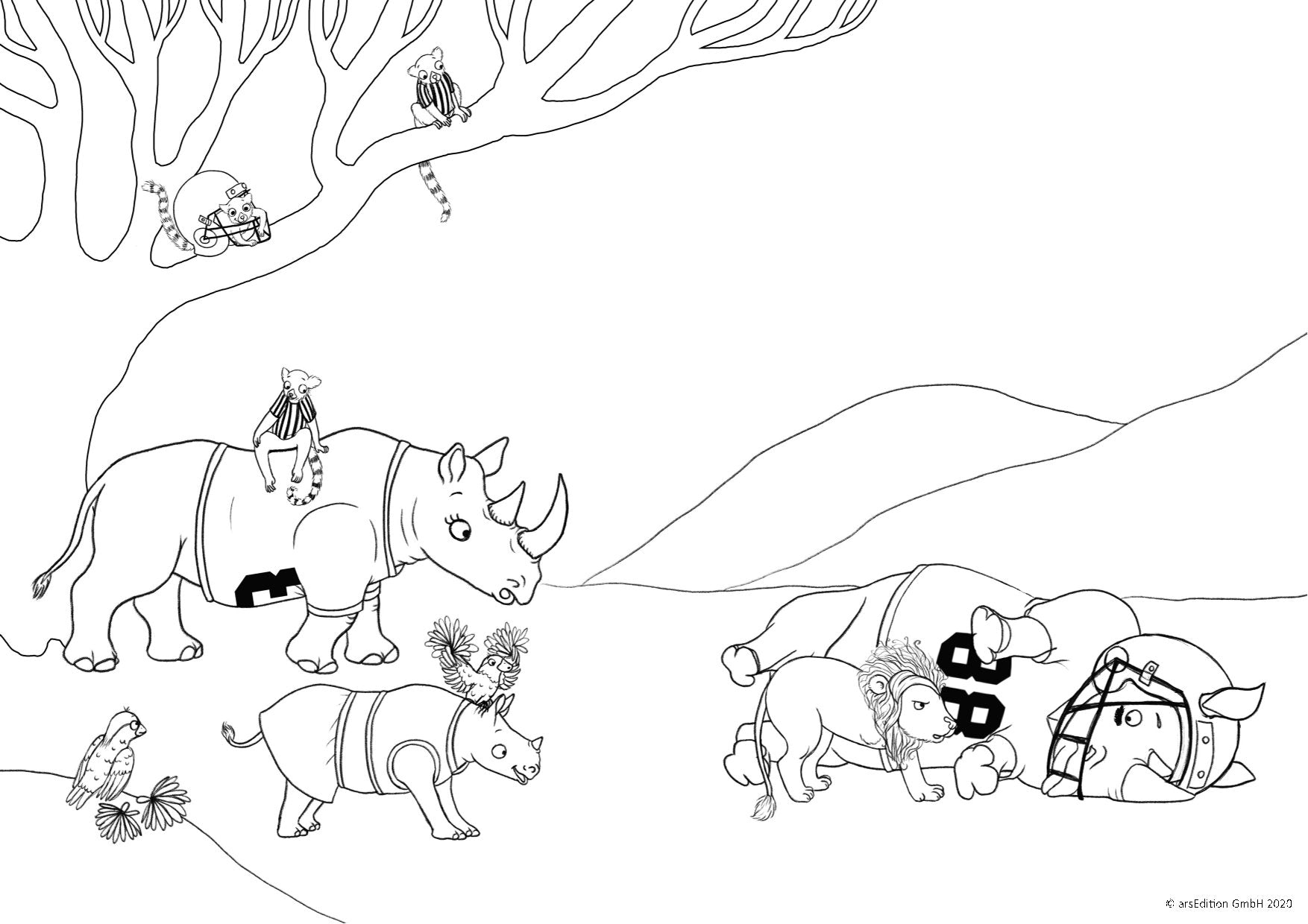 Schwarz-weiß-Illustration: Ein liegendes Nashorn im American-Football-Trikot mit Helm wird von einem jungen Löwen grimmig angesehen. Daneben steht ein kleineres Nashorn mit Cheerleader-Puscheln und ein größeres Nashorn mit einem Lemuren auf dem Rücken. Im Baum sitzen zwei weitere Lemuren, einer trägt einen Helm und sitzt im Rollstuhl. Links beobachtet ein Papagei mit Pompons das Geschehen.