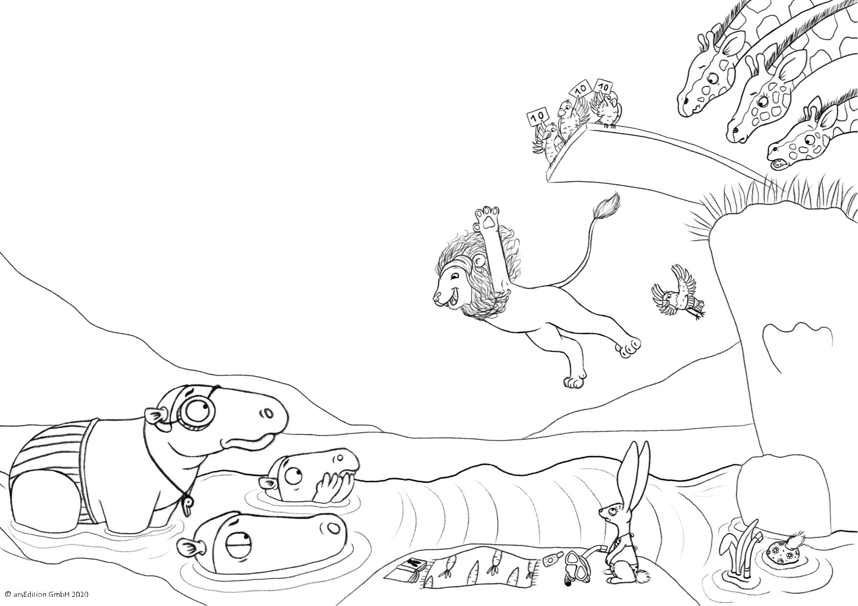 Schwarz-weiß-Illustration: Ein Löwe springt freudig von einem Sprungbrett in einen Fluss, während drei Nilpferde im Wasser erstaunt zuschauen. Oben auf dem Sprungbrett schauen Giraffen und Vögel halten Wertungsschilder mit der Zahl 10.