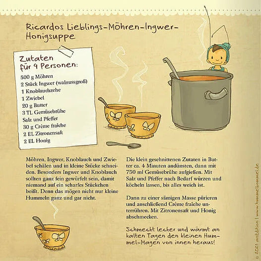 Rezeptgrafik für "Möhren-Ingwer-Honigsuppe" mit Zutatenliste, Zubereitungsschritten und Illustration: Topf mit Suppe, Schüsseln und Hummel-Junge.