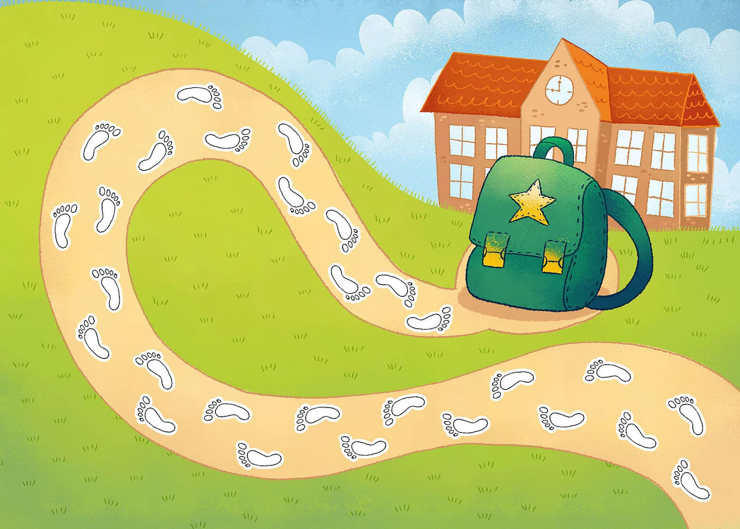 Illustration einer Schule mit rotem Dach im Hintergrund. Ein geschwungener Weg führt dorthin, auf dem weiße Fußspuren abgebildet sind. Rechts neben dem Weg steht ein grüner Rucksack mit einem gelben Stern darauf. Die Szene spielt auf einer grünen Wiese unter einem blauen Himmel mit weißen Wolken und vermittelt eine freundliche, einladende Atmosphäre.