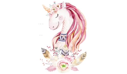 Illustration eines lächelnden Einhorns mit rosa Mähne, geschmückt mit Blumen und Federn. Das Einhorn trägt ein florales Diadem und ist von zarten Blumen und Blättern umgeben, die für ein romantisches, verspieltes Design sorgen.