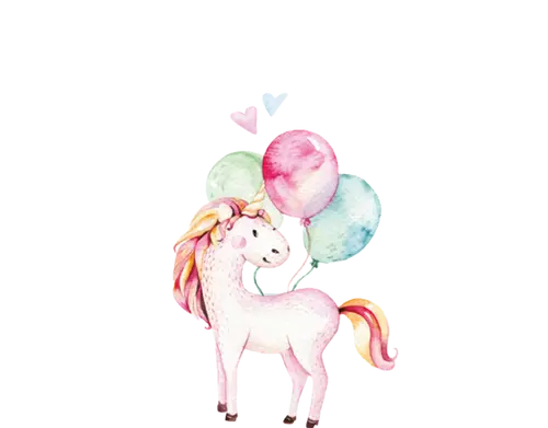 Illustration eines weißen Einhorns mit einer bunten Mähne und Schwanz. Das Einhorn hält drei pastellfarbene Ballons (rosa, grün und blau), die über seinem Rücken schweben. Darüber schweben zwei kleine Herzen in Rosa und Blau.