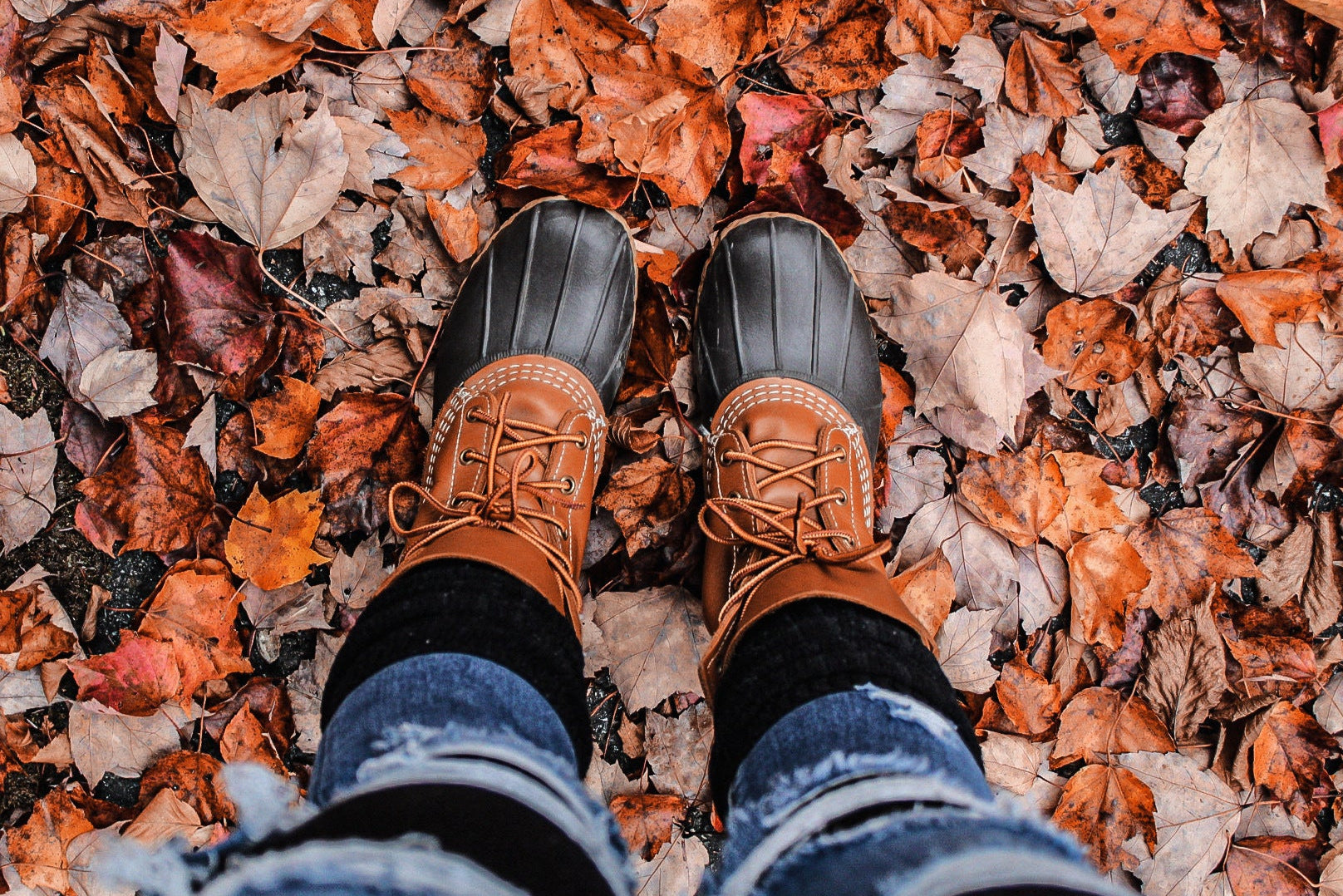 Zwei Füße in braunen, wetterfesten Stiefeln stehen auf einem Boden, der mit bunten Herbstblättern in Orange-, Rot- und Brauntönen bedeckt ist. Die Person trägt dunkelblaue, zerrissene Jeans.