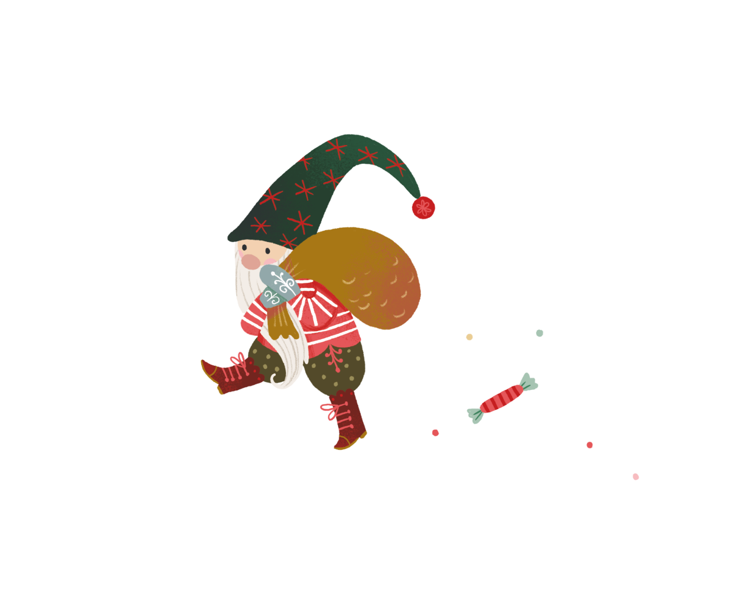 Illustration eines kleinen Weihnachtswichtels mit grünem, mit roten Sternen verziertem Zipfelhut. Der Wichtel trägt ein rot-weiß gestreiftes Oberteil und hält ein Geschenk in der Hand. Auf dem Rücken trägt er einen großen braunen Sack. Neben ihm liegt ein eingewickeltes Bonbon, und es sind kleine bunte Punkte verstreut. Die Szene wirkt festlich und verspielt.