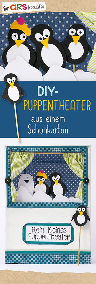 Collage mit Anleitung zur Erstellung eines DIY-Puppentheaters aus einem Schuhkarton. Oben sind drei Pinguin-Figuren aus Papier zu sehen, die mit einem blauen, gepunkteten Hintergrund präsentiert werden. Darunter steht in gelber und weißer Schrift: 'DIY-Puppentheater aus einem Schuhkarton'. Im unteren Bereich wird das fertige Puppentheater gezeigt – ein dekorierter Schuhkarton mit grün-weiß karierten Vorhängen und drei Pinguin-Figuren sowie einem weißen Eisbären. Auf der Vorderseite des Theaters steht 'Mein 