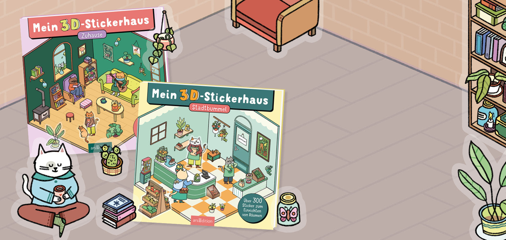 Bannerillustration: Zwei Bücher der Reihe ‚Mein 3D‑Stickerhaus‘ (‚Zuhause‘ und ‚Stadtbummel‘) liegen nebeneinander. Daneben sitzt eine gezeichnete weiße Katze mit Tasse; im Hintergrund ist eine gemütliche Zimmer-/Wohnszene mit Regal und Pflanzen zu sehen.