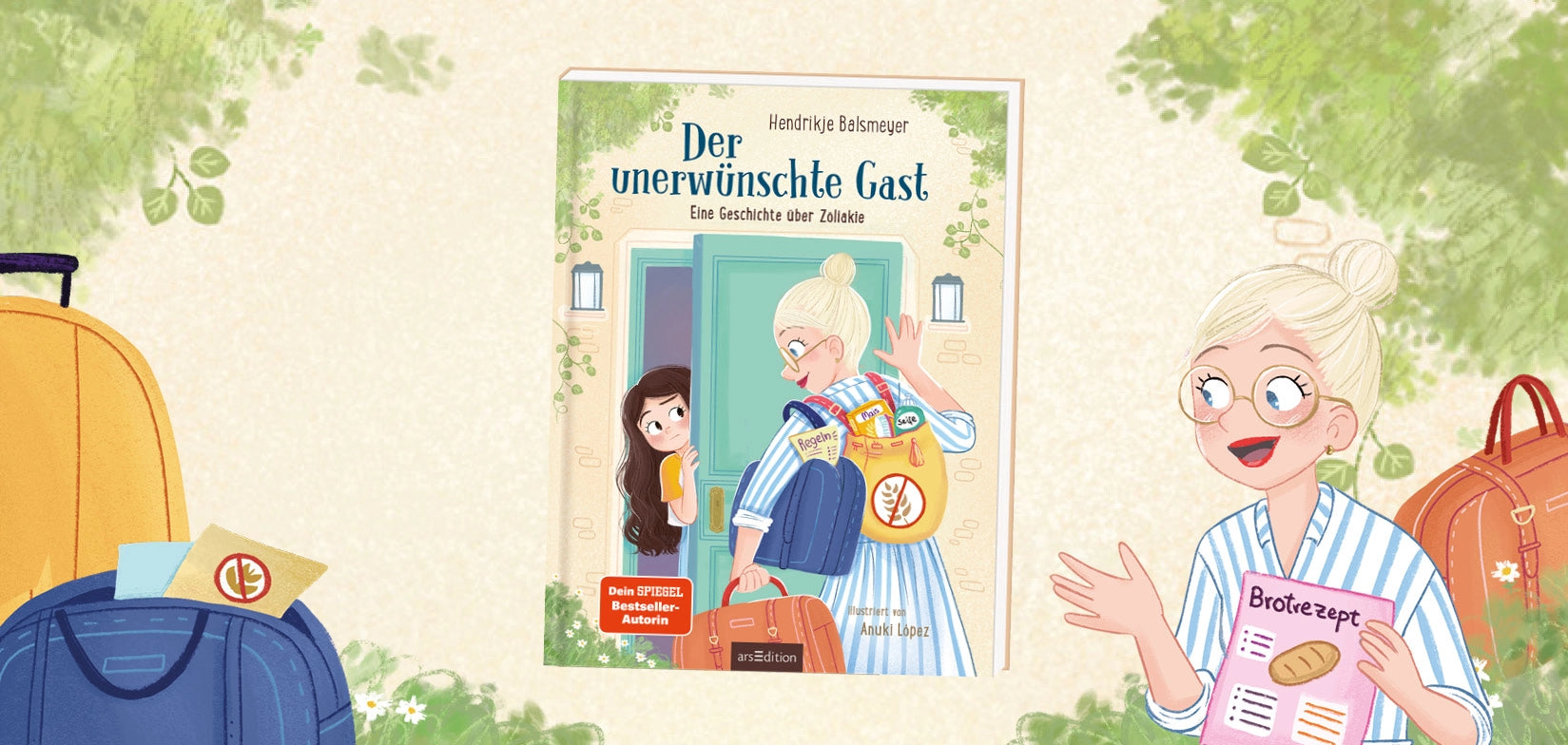 Buchcover „Der unerwünschte Gast – Eine Geschichte über Zöliakie" von Hendrikje Balsmeyer, illustriert von Anuki López, erschienen bei arsEdition. Das Cover zeigt eine ältere Frau mit blondem Haarknoten und Brille, die an einer türkisfarbenen Haustür klingelt. Sie trägt einen gelben Rucksack mit glutenfreiem Symbol sowie einen Koffer und eine Handtasche. Ein Mädchen mit dunklen Haaren schaut vorsichtig hinter der Tür hervor. Im Hintergrund des Banners sind Illustrationen der gleichen älteren Frau zu sehen, 