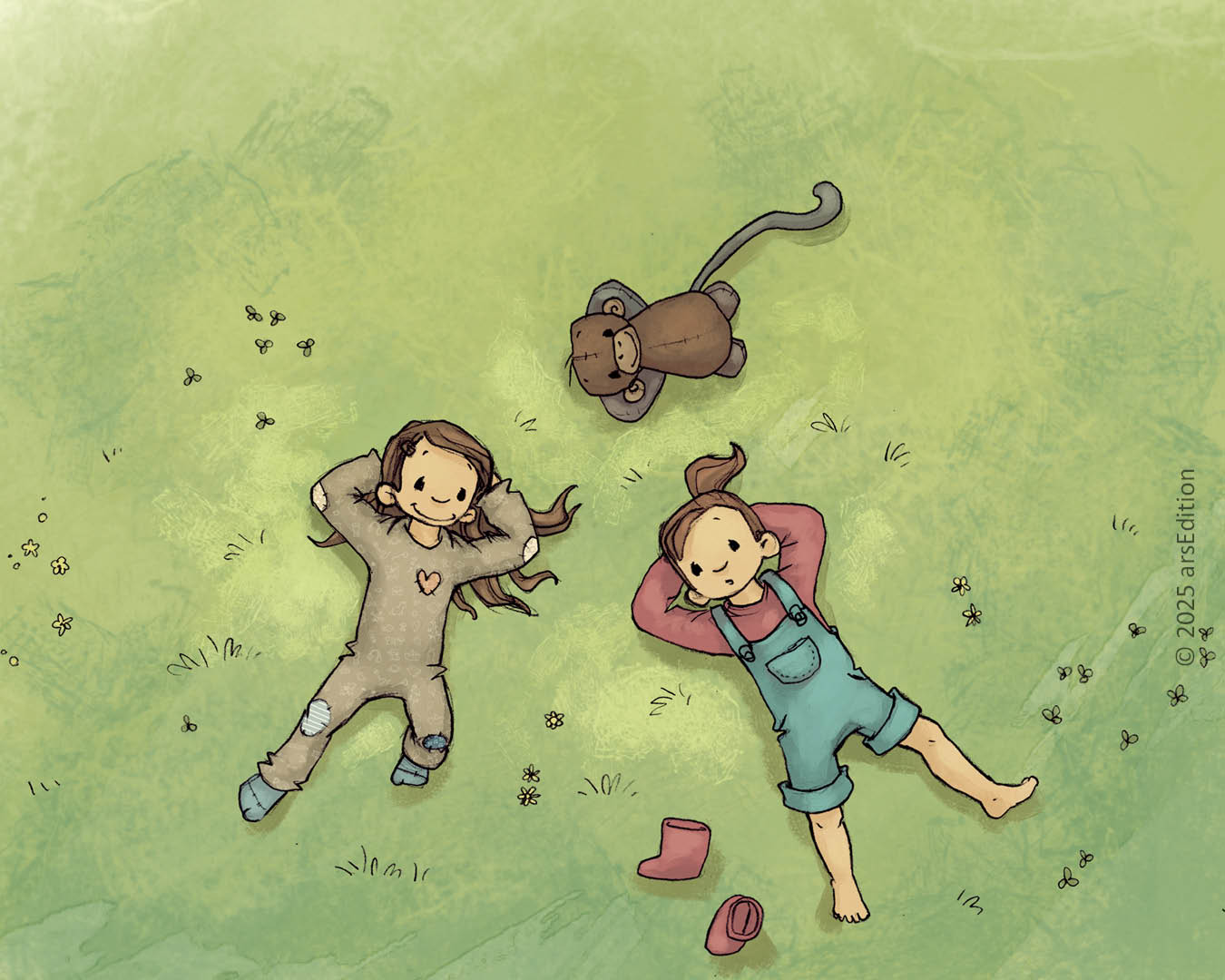 Illustration von zwei Kindern, die auf einer grünen Wiese liegen und entspannt nach oben blicken. Eines der Kinder trägt einen pinkfarbenen Pullover und eine blaue Latzhose, während das andere einen beigen Strampler mit Herzmotiv trägt. Das zweite Mädchen ist Anouk. Neben ihnen liegt Anouks Stofftier Affi, sowie ein umgekippter roter Gummistiefel. Im Hintergrund sind kleine Blümchen und Grashalme zu sehen.