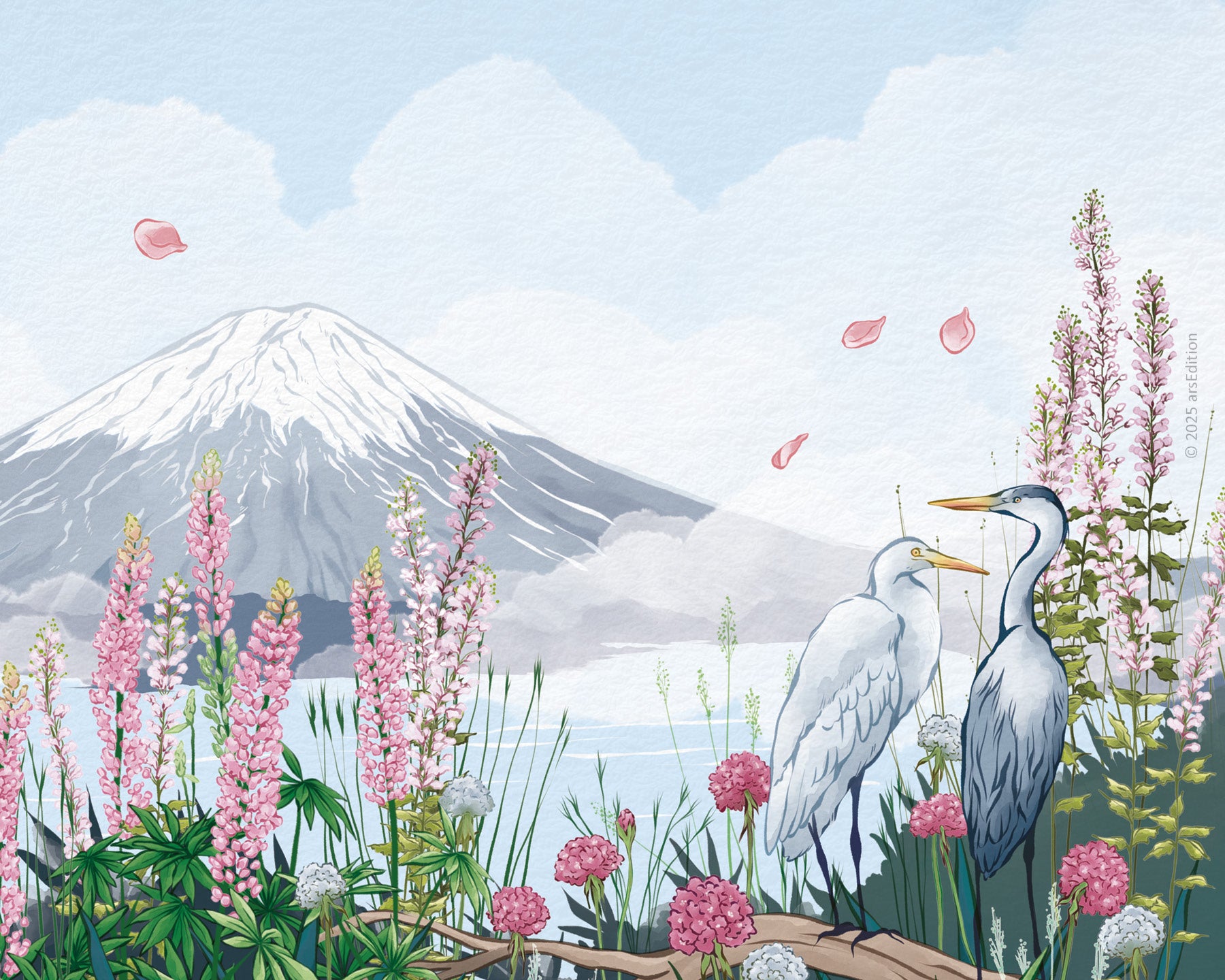 Eine Illustration zeigt zwei Reiher, die auf einem Holzstamm zwischen einer bunten Blumenwiese stehen. Im Hintergrund erhebt sich ein schneebedeckter Berg, umgeben von sanften Wolken. Blütenblätter schweben durch die Luft, was eine friedliche, naturverbundene Stimmung vermittelt.