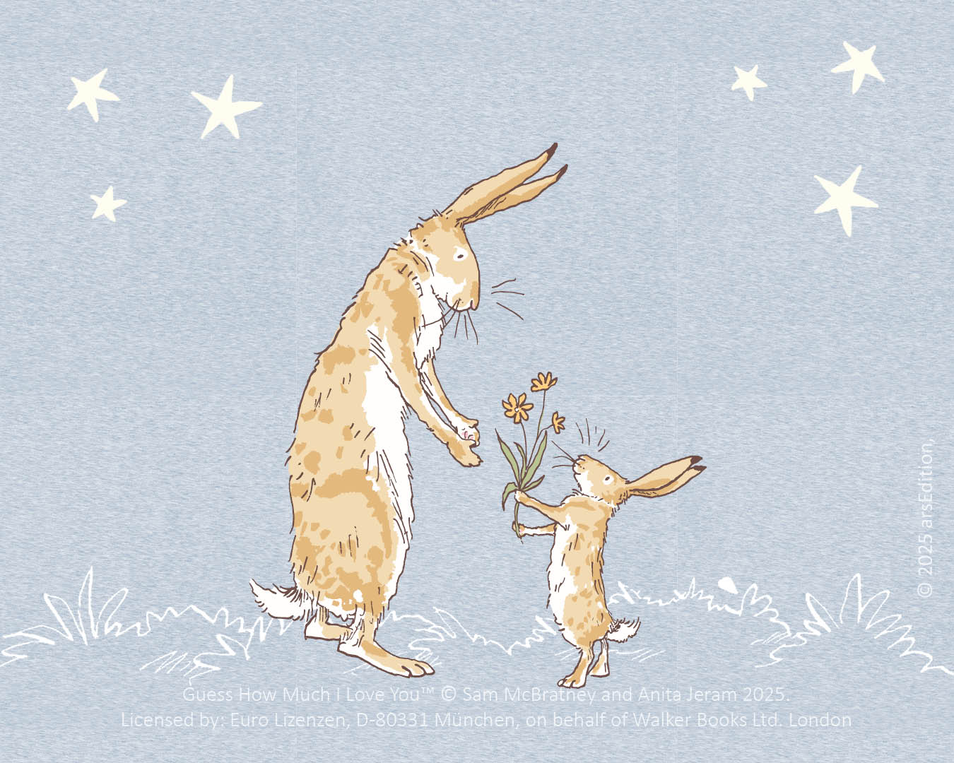 Illustration von zwei Hasen in einem zarten Stil vor einem hellblauen Hintergrund mit Sternen. Der größere Hase steht aufrecht und schaut liebevoll auf den kleineren Hase, der ihm einen Strauß gelber Blumen überreicht. Die Szene strahlt Zärtlichkeit und Wärme aus.