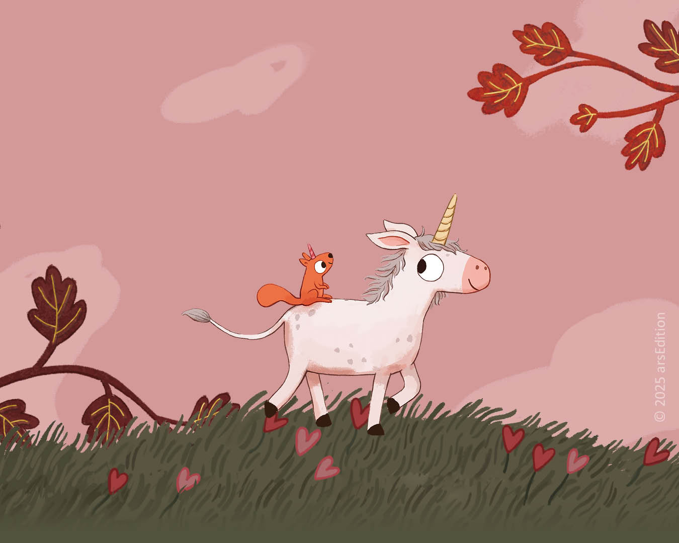 Illustration eines weißen Einhorns mit einem goldenen Horn, das über eine grüne Wiese mit roten Herzblättern läuft. Auf seinem Rücken sitzt ein kleines, fröhliches Eichhörnchen. Der Hintergrund ist in Rosa gehalten, mit Ästen und Blättern, die von oben und seitlich ins Bild ragen. Die Szene strahlt eine märchenhafte und warme Atmosphäre aus.